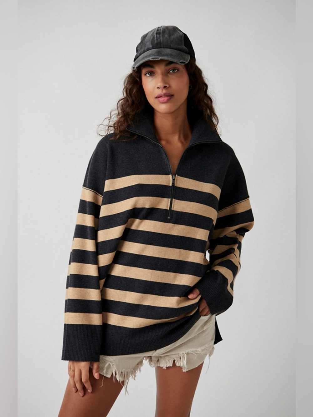 Free People Coastal Stripe Pullover Sweater Oversized Brown Black XS